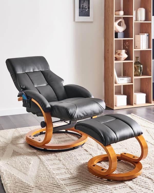 Recliner med fotskammel Svart Imitert skinn Treramme Massasje- og varmefunksjon Svingbar Justerbar rygg Retro design Hvilestol