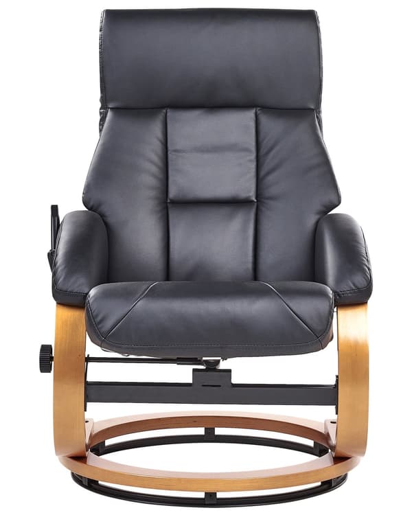 Recliner med fotskammel Svart Imitert skinn Treramme Massasje- og varmefunksjon Svingbar Justerbar rygg Retro design Hvilestol