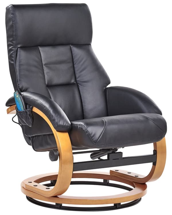 Recliner med fotskammel Svart Imitert skinn Treramme Massasje- og varmefunksjon Svingbar Justerbar rygg Retro design Hvilestol