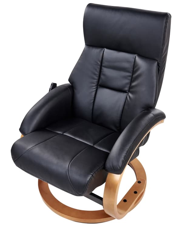 Recliner med fotskammel Svart Imitert skinn Treramme Massasje- og varmefunksjon Svingbar Justerbar rygg Retro design Hvilestol