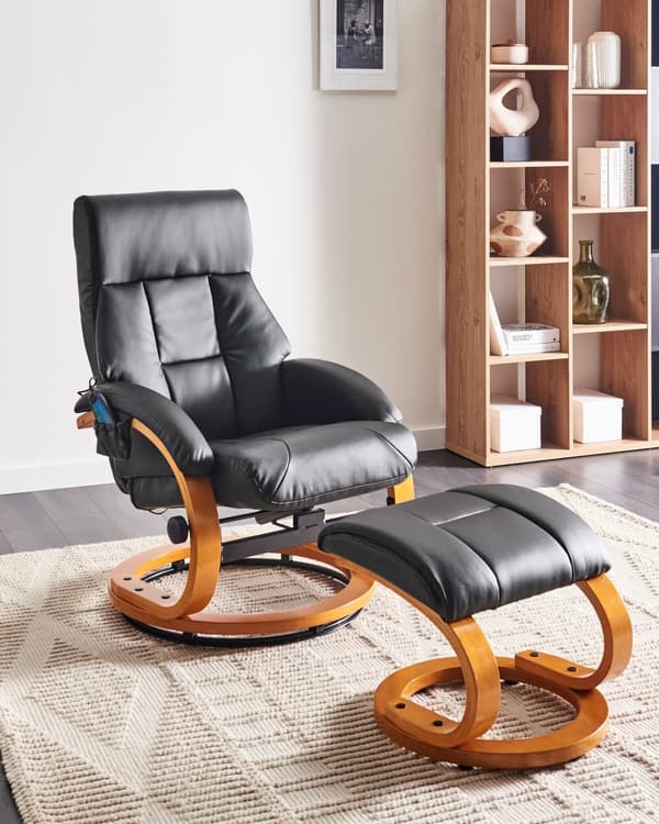 Recliner med fotskammel Svart Imitert skinn Treramme Massasje- og varmefunksjon Svingbar Justerbar rygg Retro design Hvilestol