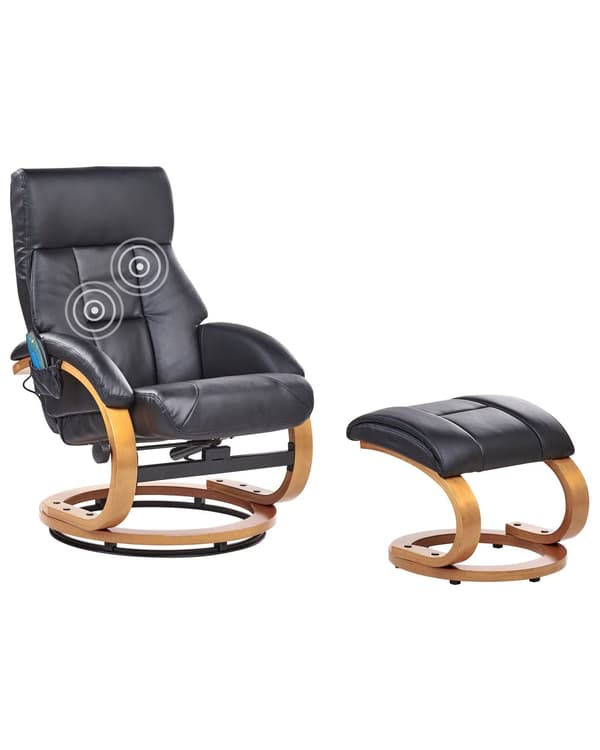 Recliner med fotskammel Svart Imitert skinn Treramme Massasje- og varmefunksjon Svingbar Justerbar rygg Retro design Hvilestol