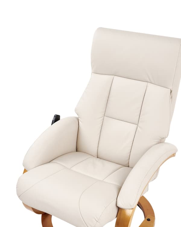 Recliner med fotskammel Lys beige Imitert skinn Treramme Massasje- og varmefunksjon Svingbar Justerbar rygg Retro design Hvilestol