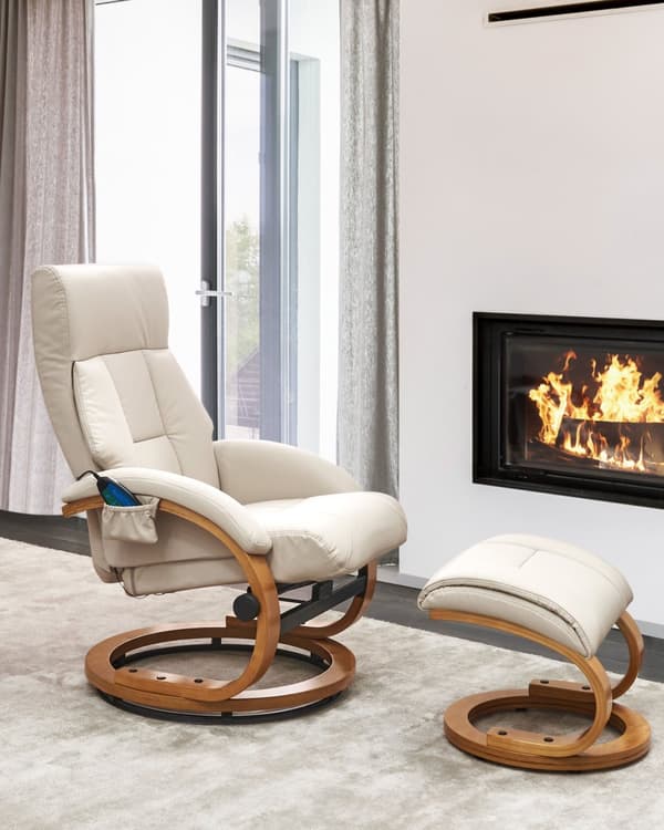 Recliner med fotskammel Lys beige Imitert skinn Treramme Massasje- og varmefunksjon Svingbar Justerbar rygg Retro design Hvilestol
