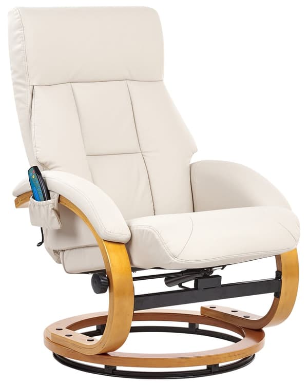 Hvilestol med fodskammel Lys beige Kunstlæder Træramme Massage- og varmefunktion Drejelig Justerbar ryg Retrodesign Hvilestol