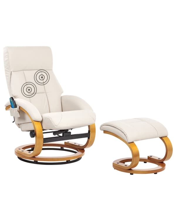 Hvilestol med fodskammel Lys beige Kunstlæder Træramme Massage- og varmefunktion Drejelig Justerbar ryg Retrodesign Hvilestol