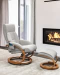Miniatyrbillede 2 af 11: Hvilestol med fodskammel Lysegråt kunstlæder Træramme Massage- og varmefunktion Drejbar Justerbar ryg Retrodesign Hvilestol