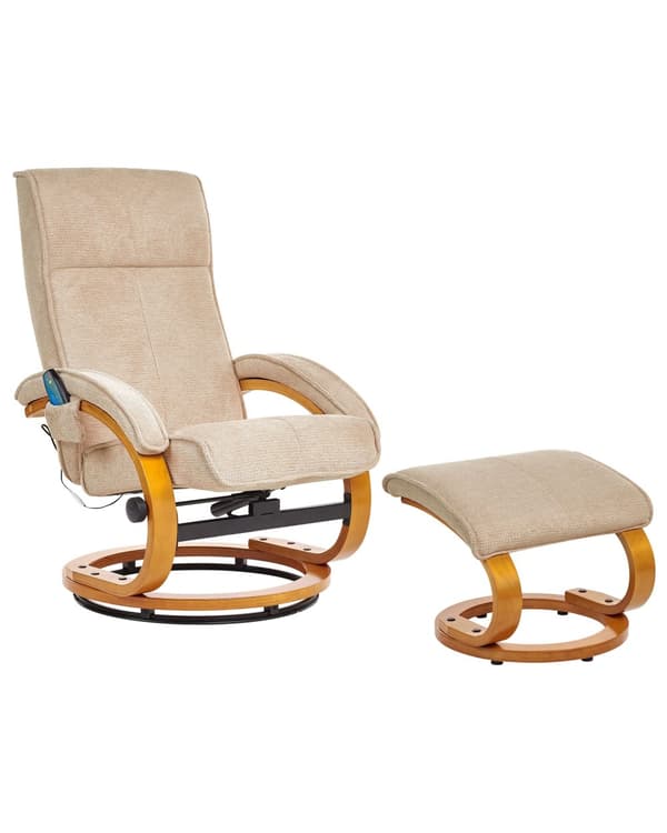Hvilestol Beige med Fotskammel Polyester Stoff Polstret Treramme Oppvarming Massasjefunksjon Retro Design
