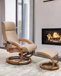 Miniatyrbilde 2 av 11: Hvilestol Beige med Fotskammel Polyester Stoff Polstret Treramme Oppvarming Massasjefunksjon Retro Design