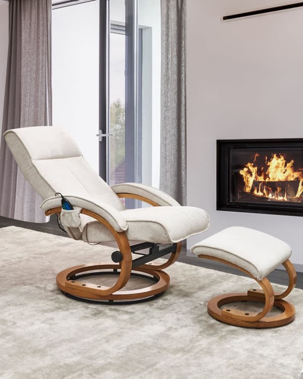 Hvilestol Lys Beige med Fotskammel Polyester Stoff Polstret Treramme Oppvarming Massasjefunksjon Retro Design