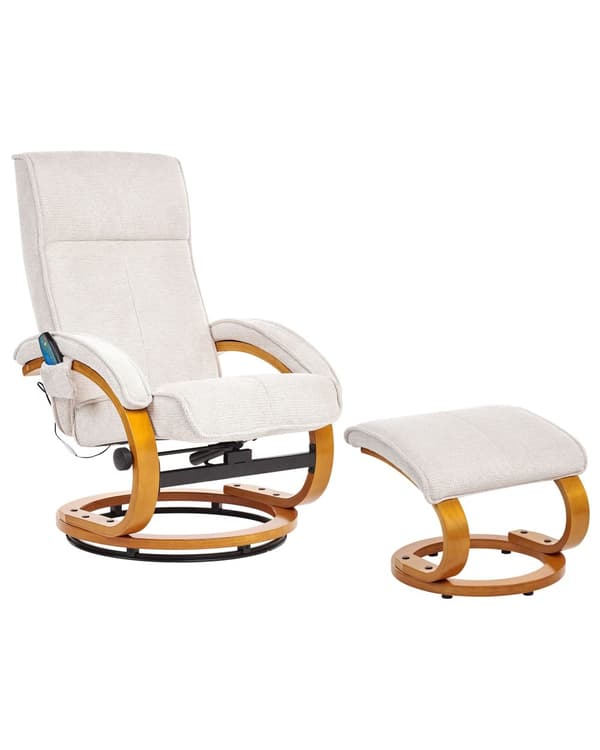 Hvilestol Lys Beige med Fotskammel Polyester Stoff Polstret Treramme Oppvarming Massasjefunksjon Retro Design