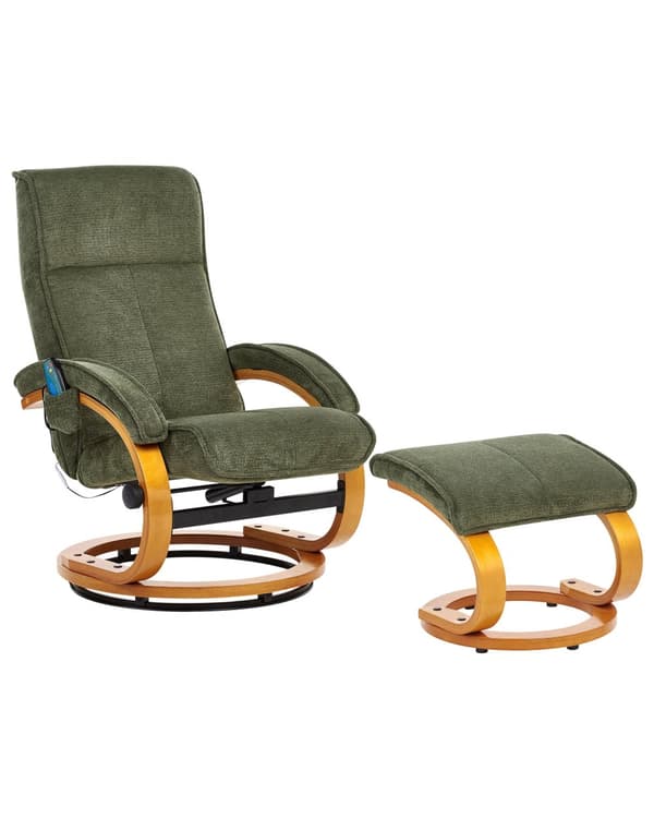 Hvilestol Grønn med Fotskammel Polyester Stoff Polstret Treramme Oppvarming Massasjefunksjon Retro Design