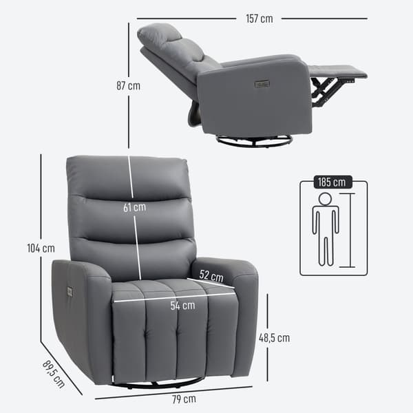 Rootz Relaksation Napr Chair - Verhoilutuoli, jolla on valehtelu - lepotuoli - USB -portit - harmaa - 79x89.5x104cm