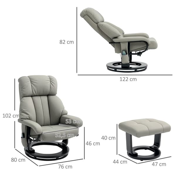 Rootz Relax Massage fåtölj - TV Recliner - Lätt stol - 10 vibrationslägen - 76 cm x 80 cm x 102 cm - Grått syntetiskt läder