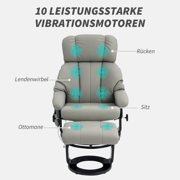 Rootz Relax Massage Armchair - TV RECLINER - Let stol - 10 vibrationstilstande - 76 cm x 80 cm x 102 cm - Grå syntetisk læder