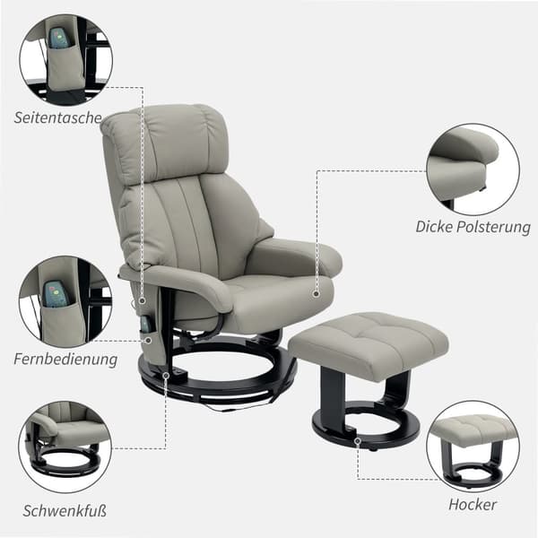Rootz Relax Massage Armchair - TV RECLINER - Let stol - 10 vibrationstilstande - 76 cm x 80 cm x 102 cm - Grå syntetisk læder
