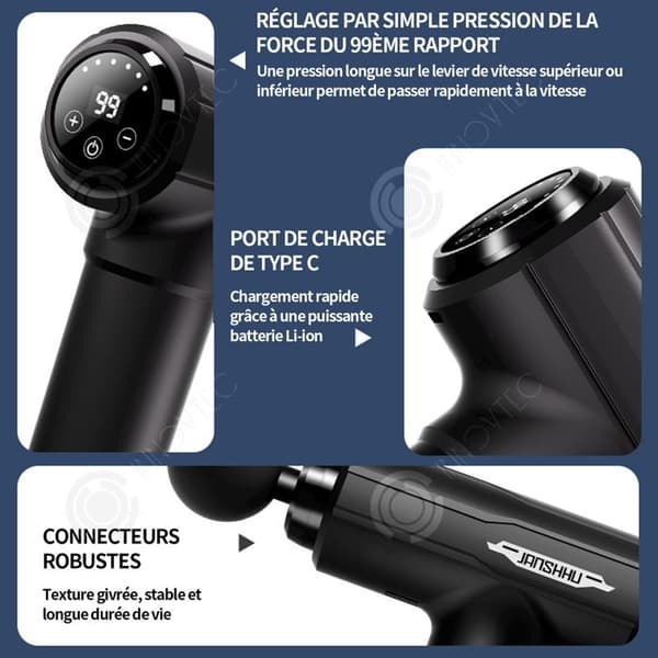 INN Massage 4000mah 30W 13800r/min 21x22cm svart led pekskärm elektrisk muskelmassageapparat 99 hastigheter med 6 massagehuvuden