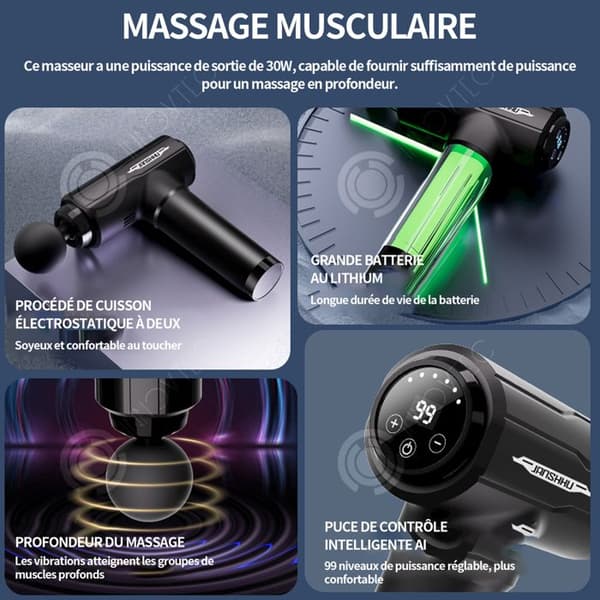 INN Massage 4000mah 30W 13800r/min 21x22cm svart led pekskärm elektrisk muskelmassageapparat 99 hastigheter med 6 massagehuvuden