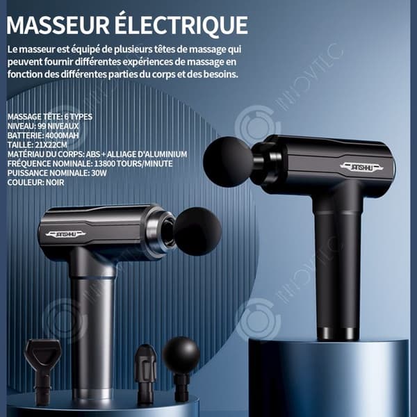 INN Massage 4000mah 30W 13800r/min 21x22cm svart led pekskärm elektrisk muskelmassageapparat 99 hastigheter med 6 massagehuvuden