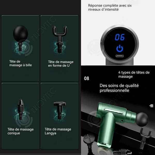 INN Massage 1200mAh 3200r/min 13,5x13,5cm LED-pekskärm Elektrisk muskelmassageapparat 6 hastigheter 4 massagehuvuden Djupmassage