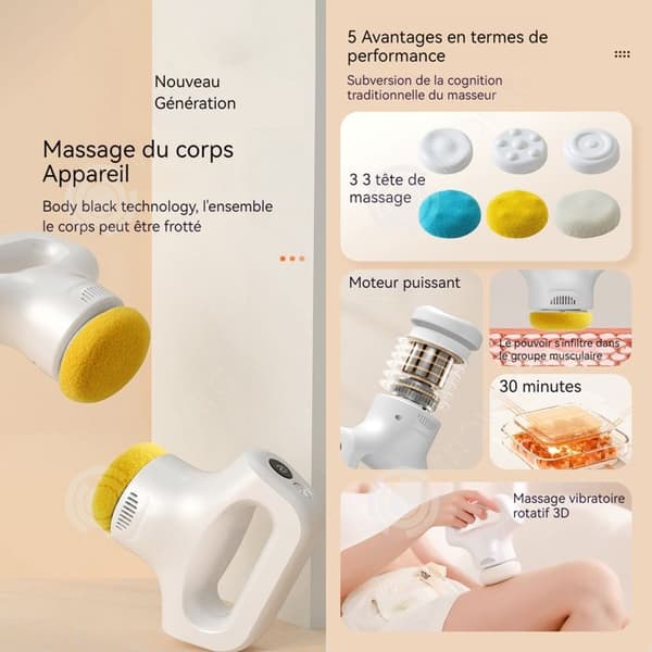INN Massage 15x17 cm sladdlös bärbar elektrisk kroppsmassageapparat med 12 justerbara lägen med 3 massagehuvuden och tee-överdrag