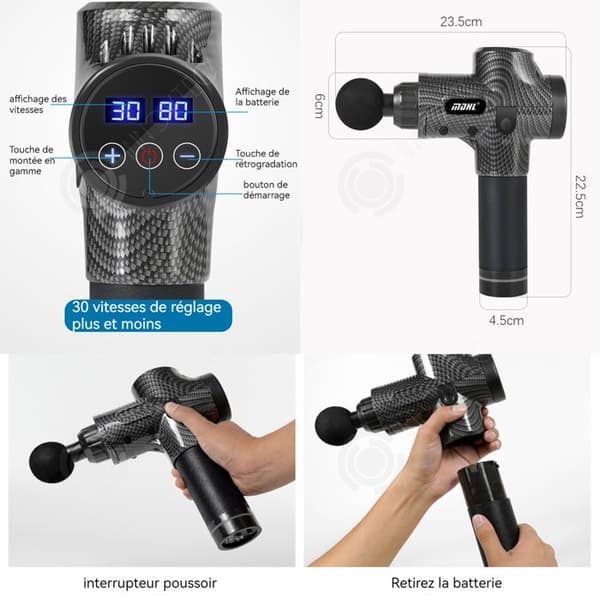 INN Massage 2500mah 3500r/min LED-pekskärm Elektrisk muskelmassageapparat 30 hastigheter med 6 massagehuvuden och bärväska