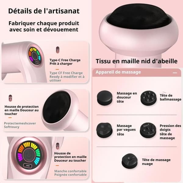 Massageapparat mot celluliter 24w 6 hastigheter och 5 olika massagehuvuden kroppsskulpteringsmaskin typ c-laddning rosa