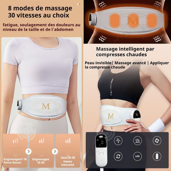 INN Värmande massör med vibrationer och mikroström för midjan, EMS abdominalträningsutrustning med LED-display, 8 lägen, vit