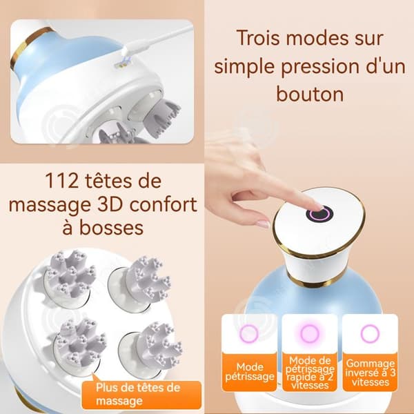 INN Huvudmassageapparat 1200mAh 3 justeringsnivåer 112 upphöjda punkter 3D massagehuvud bekväm helkroppsmassage blå