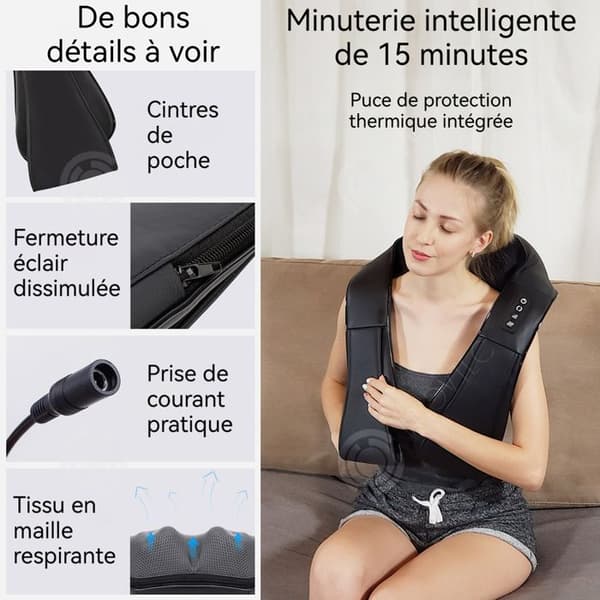 INN Nackmassageapparat 12V 24W 2 lägen 16 massagehuvuden 3 justerbara intensitetsnivåer konstant temperaturvärme