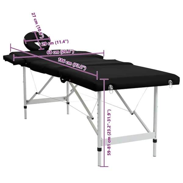 vidaXL massagebord foldbart 4 zoner aluminiumsstel sort