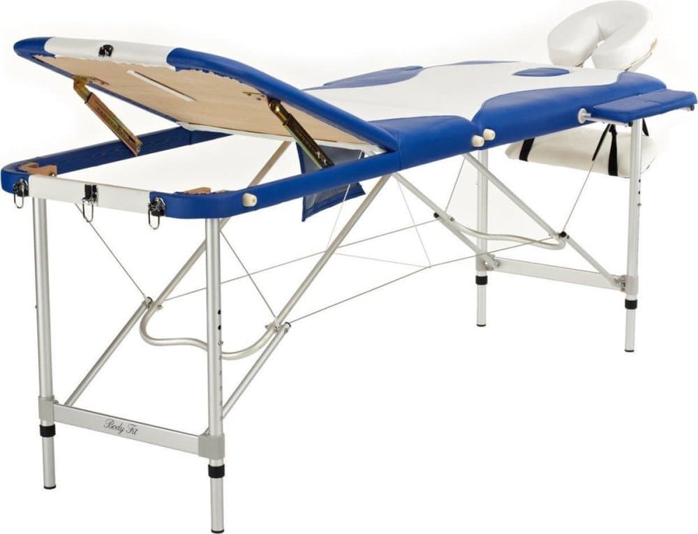 Massagebänk i aluminium - 3 segment - justerbar - vit & blå - 212 cm lång