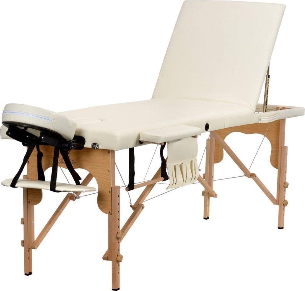 Massagebänk i trä - 3 segment - justerbar - krämfärgat ECO-läder - 213 cm långt
