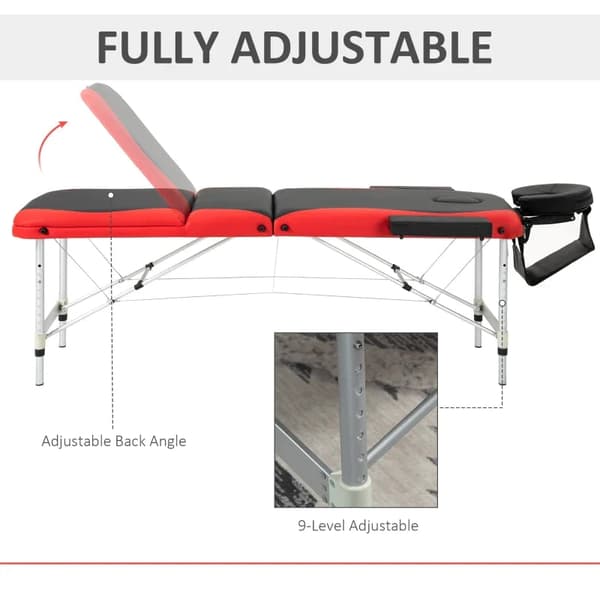 Rootz hopfällbara massagebänk - kosmetiska bord - höjdjusterbart massagebord med nackstöd - massagesäng - aluminiumskum - plast - svart + röd - 215 x
