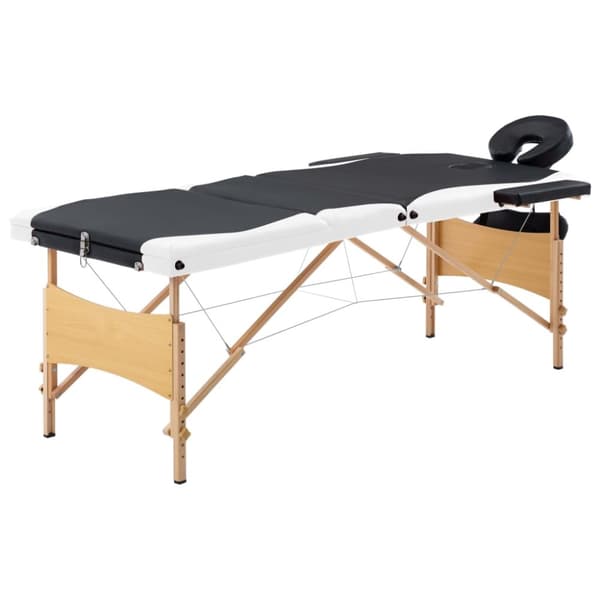 sammenfoldeligt massagebord med træstel 3 zoner sort og hvid