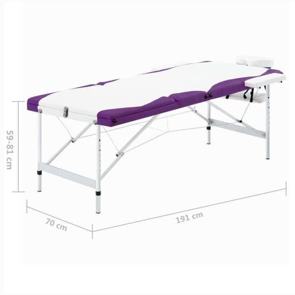Hopfällbar massagebänk 3 sektioner aluminium vit och lila