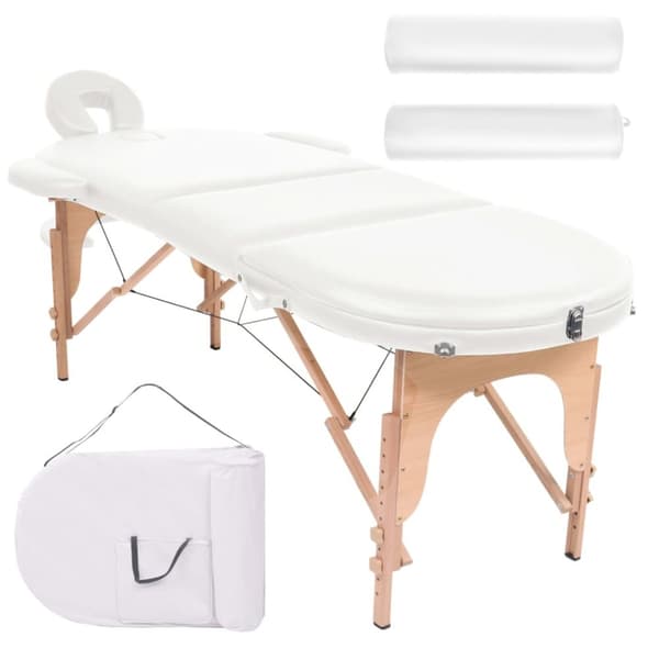 foldbart massagebord m. 2 bolsterpuder 4 cm tyk oval hvid