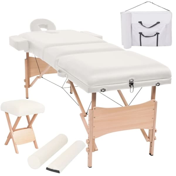 Hopfällbar massagebänk 3 sektioner och pall 10 cm tjock vit
