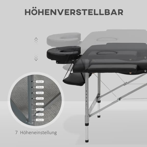 Massagebord, 186x71x62-83 cm, Sort