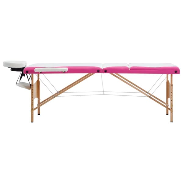Hopfällbar massagebänk 3 sektioner trä vit och rosa