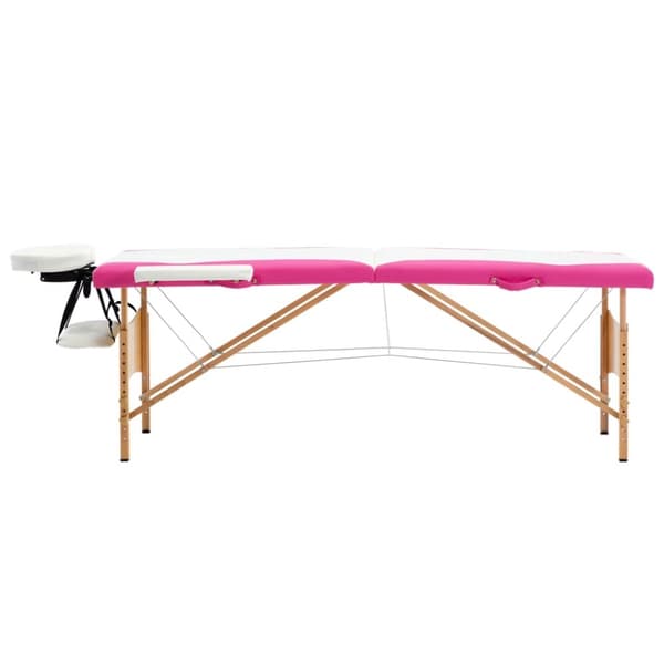 Hopfällbar massagebänk 2 sektioner trä vit och rosa
