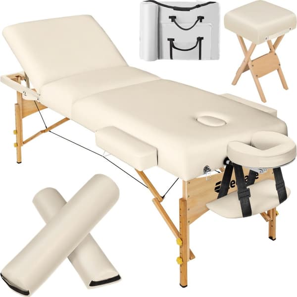 3-zons massagebänk med 10cm stoppning och träram + massagerullar, pall och bärväska - beige