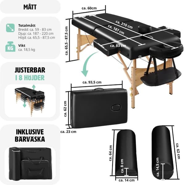 Set 2-zons massagebänk inklusive massagerullar och bärväska - svart