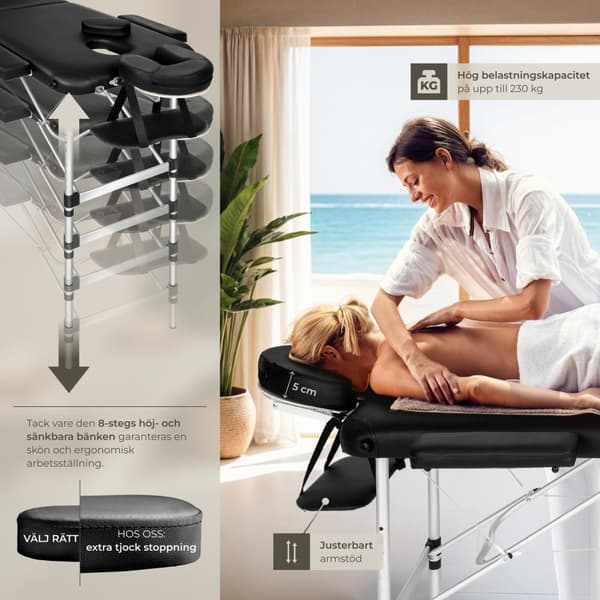 3-zons massagebänk med 5 cm stoppning och aluminiumram - svart
