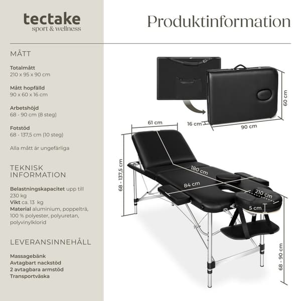 3-zons massagebänk med 5 cm stoppning och aluminiumram - svart