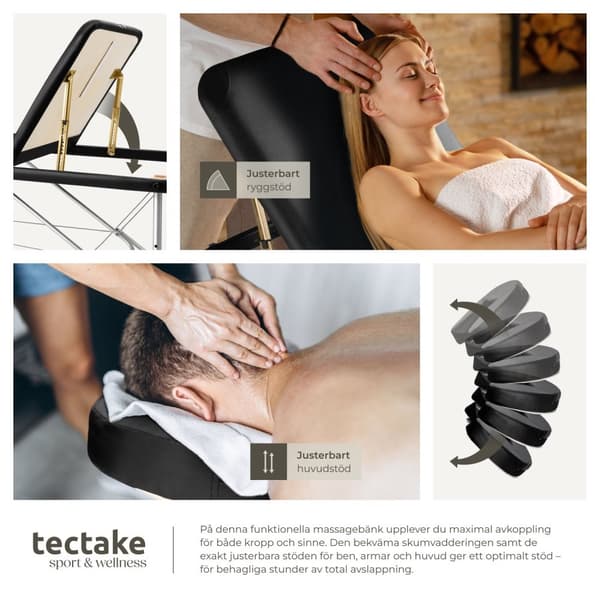 3-zons massagebänk med 5 cm stoppning och aluminiumram - svart