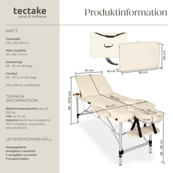 3-zons massagebänk med 5 cm stoppning och aluminiumram - beige