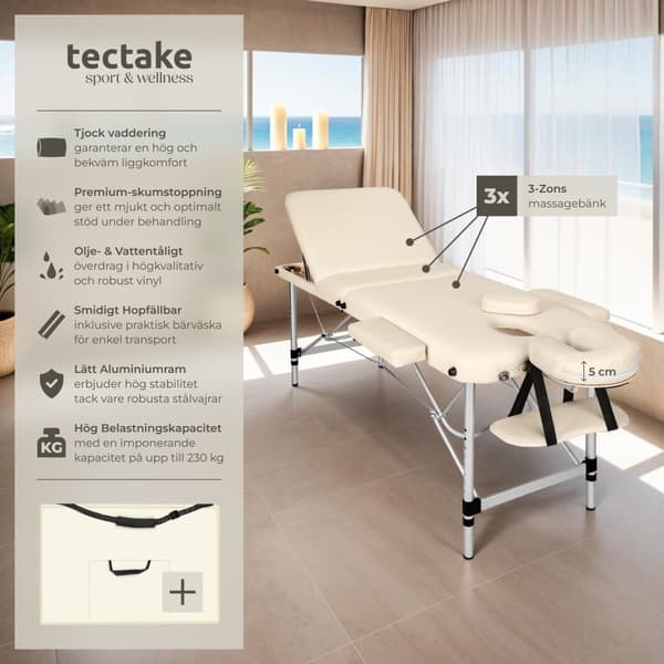 3-zons massagebänk med 5 cm stoppning och aluminiumram - beige