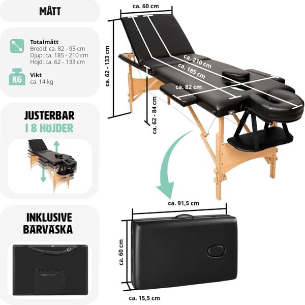 3-zons massagebänk inklusive bärväska - svart