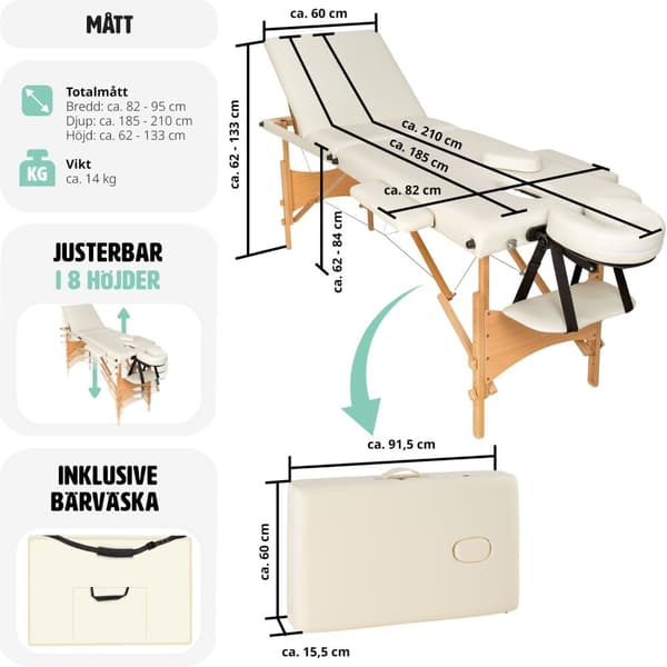 3-zons massagebänk inklusive bärväska - beige